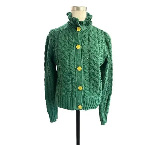 J Crew Cable Knit Cardigan Ruffle Neck Button Front Wool CHRISTMAS Sz small - Picture 13 of 13